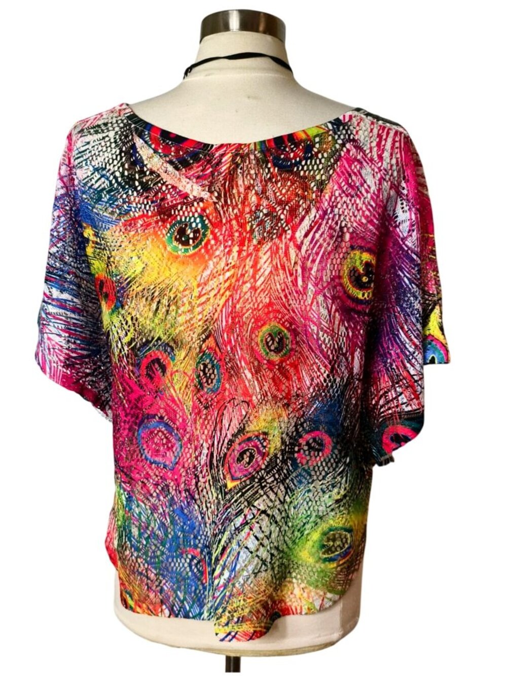 Dots Womens XL Kaftan Top Peacock Feather Print Loose Fit Lightweight Festive - Picture 4 of 6